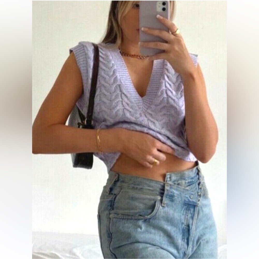 ZARA WOMAN LAVENDER KNITTED WAISTCOAT VEST CABLE-KNIT M